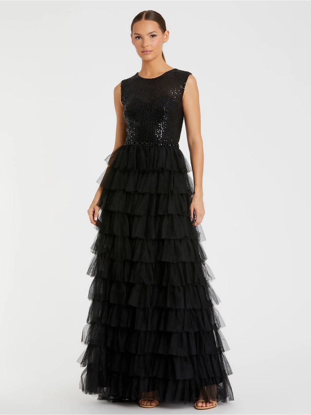MAC DUGGAL Black Ruffle Tiered High Neck Sequined Gown